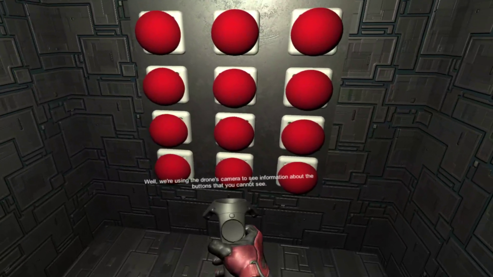 VR player's view — the button wall with subtitles above the hand