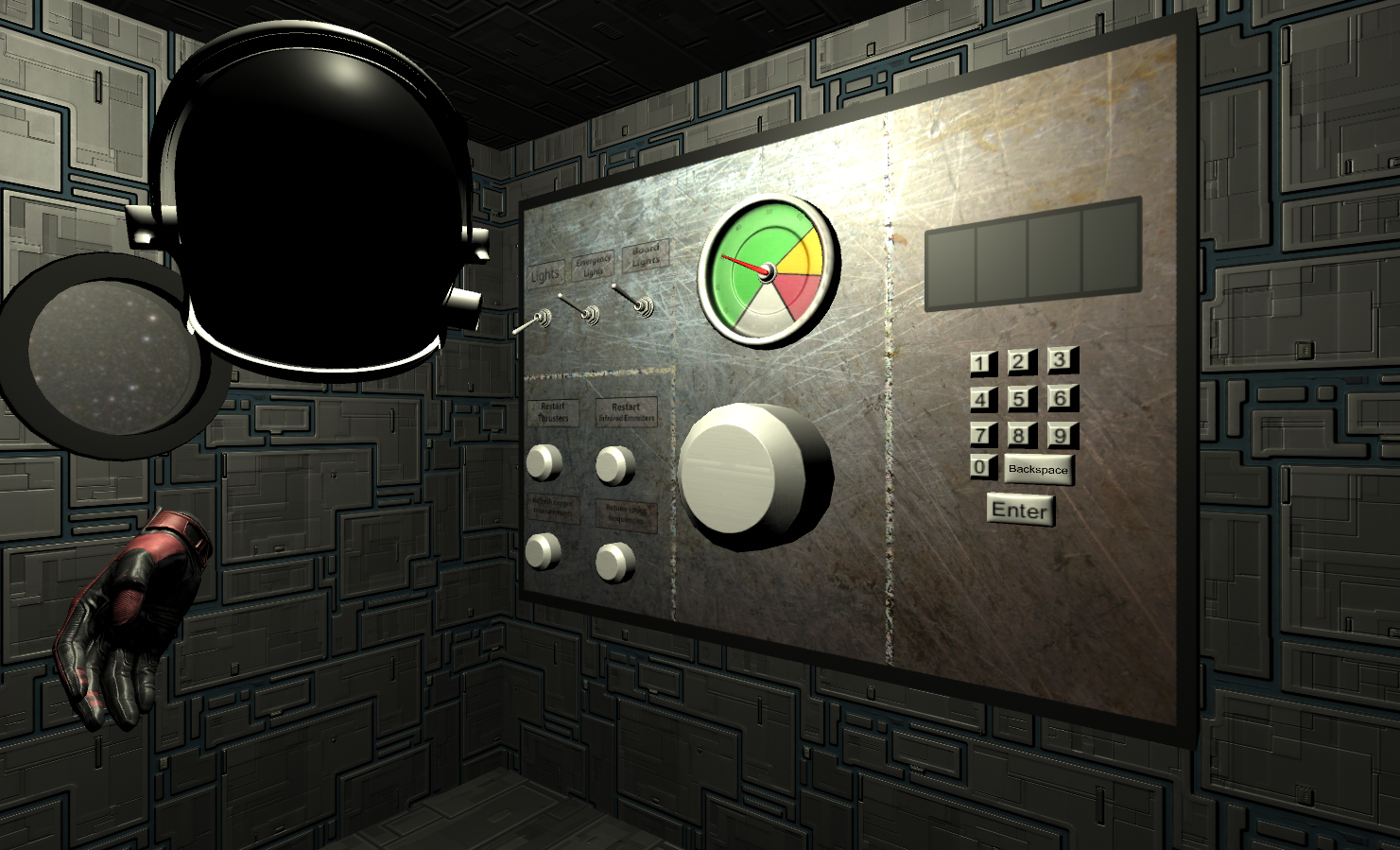 What the drone sees — the VR headset and controller become an astronaut helmet and glove