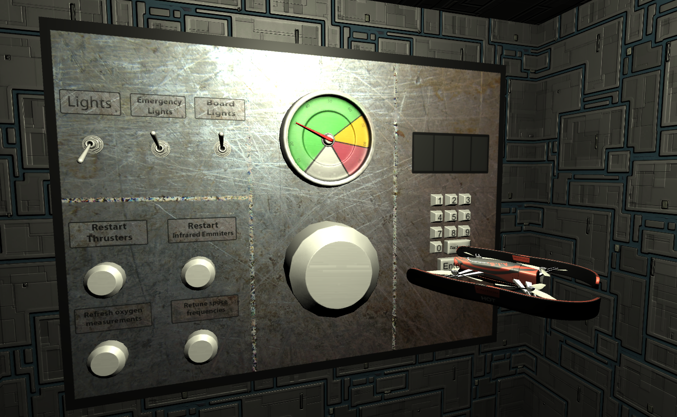 What the VR player sees — a small drone companion